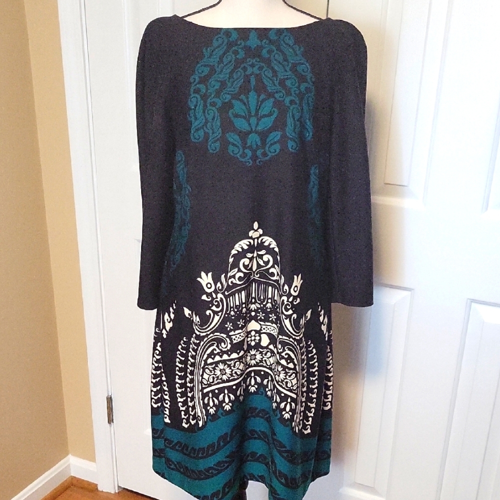 Donna Morgan Black Teal Damask Print Knit Dress Size 12